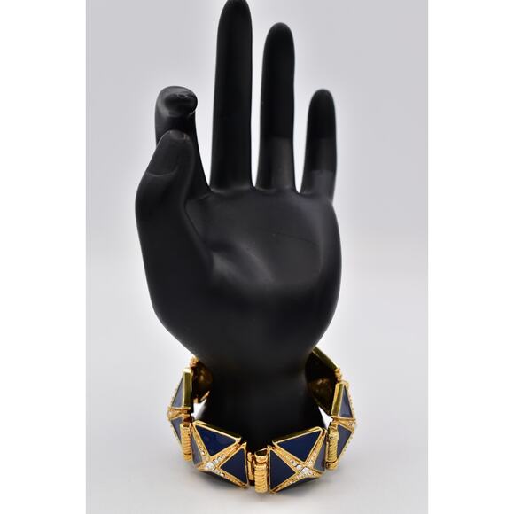 Hutton Wilkinson Vintage Bracelet Blue Enamel Bracelet Gold Crystal Signed BinO - Picture 8 of 12